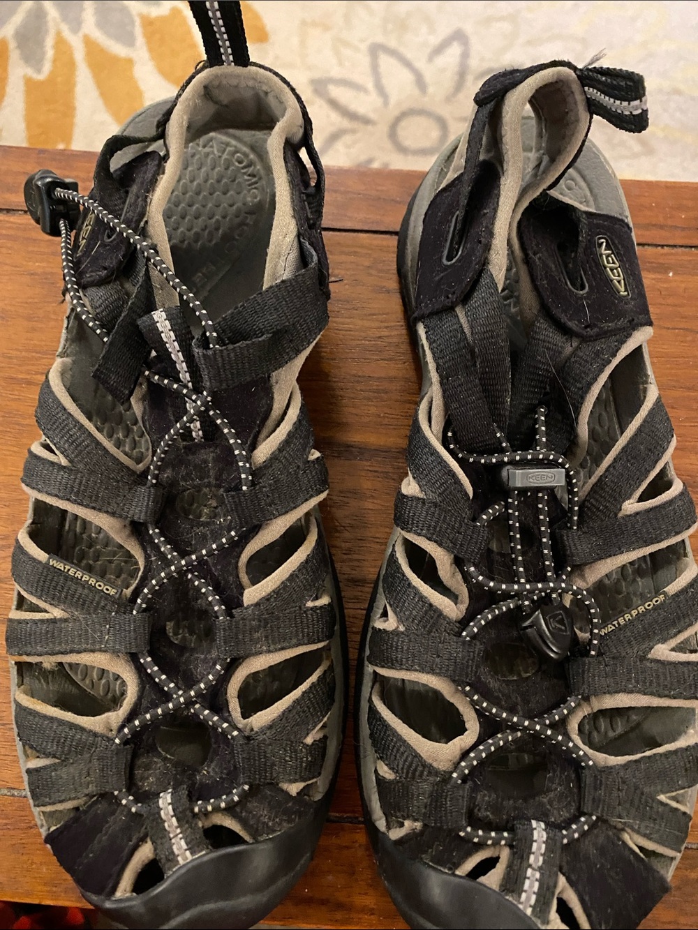 Keen women’s Black and Tan Strappy Waterproof Sandals